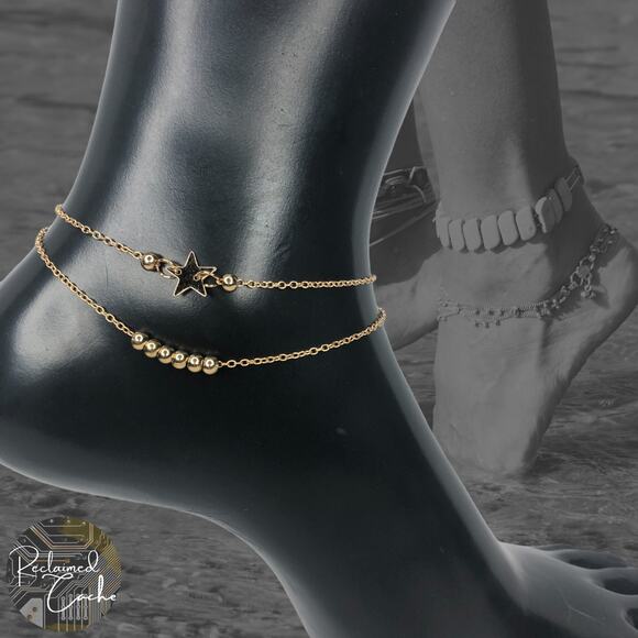 Gold Double Strand Simple Bead and Star Anklet - Picture 1 of 4